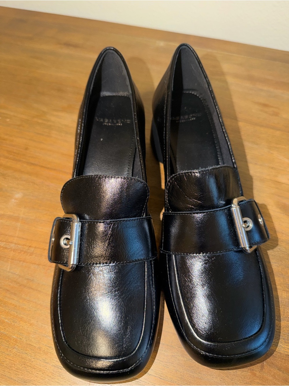 Vagabond Black Leather Loafers with Silver Buckle Accent
